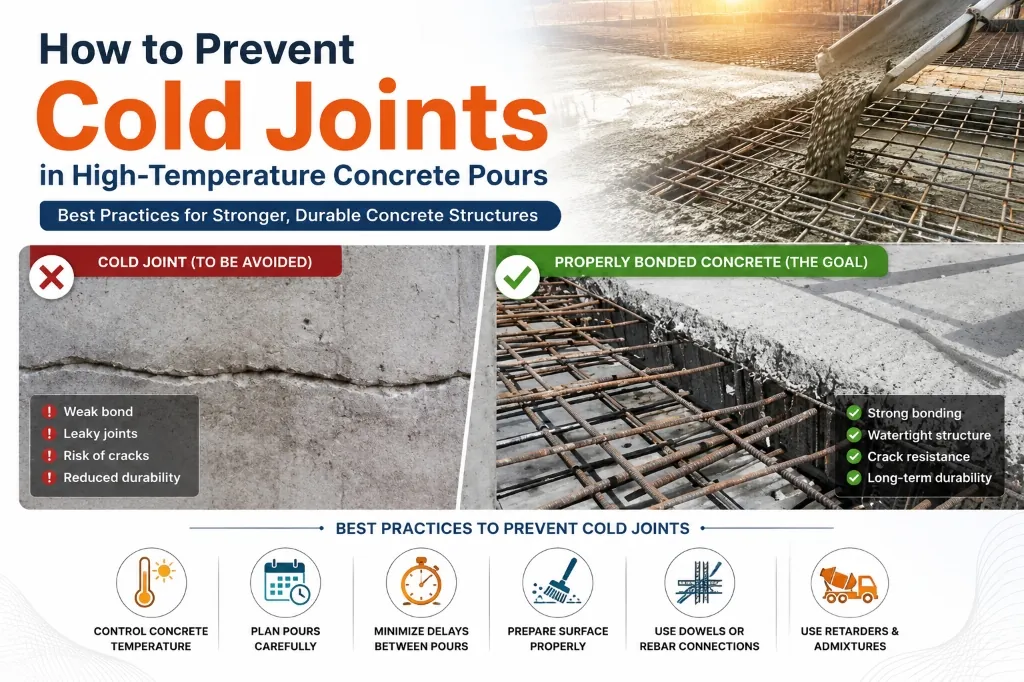How to Prevent Cold Joints in High-Temperature Concrete Pours - Best Practices and Comparison Infographic
