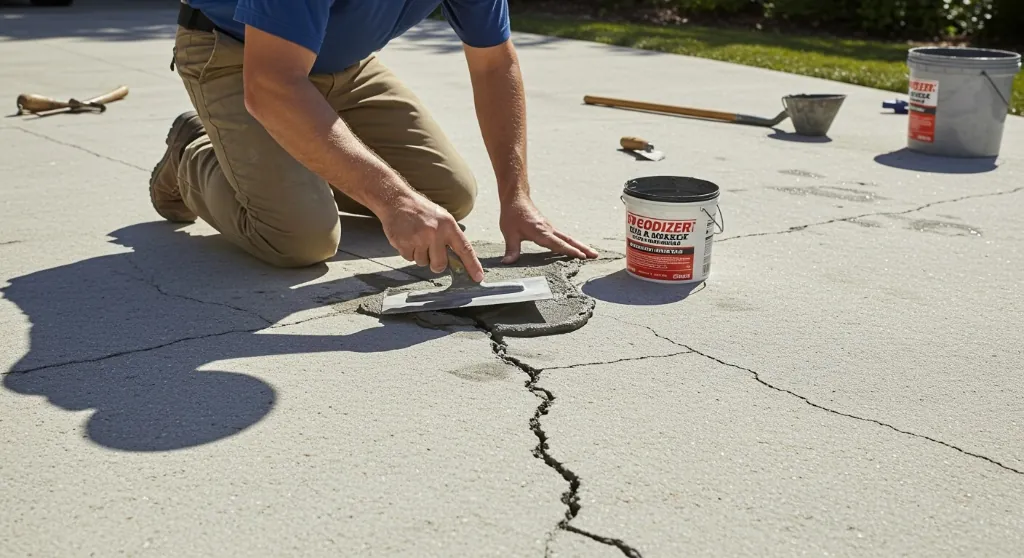 Specialist repairing surface crack in concrete slab with polymer modified repair mortar