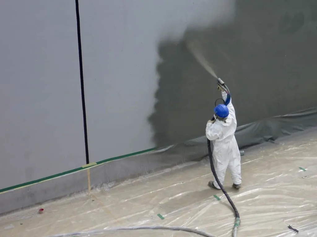 Industrial applicator spray-applying protective anti-carbonation barrier coating to wall