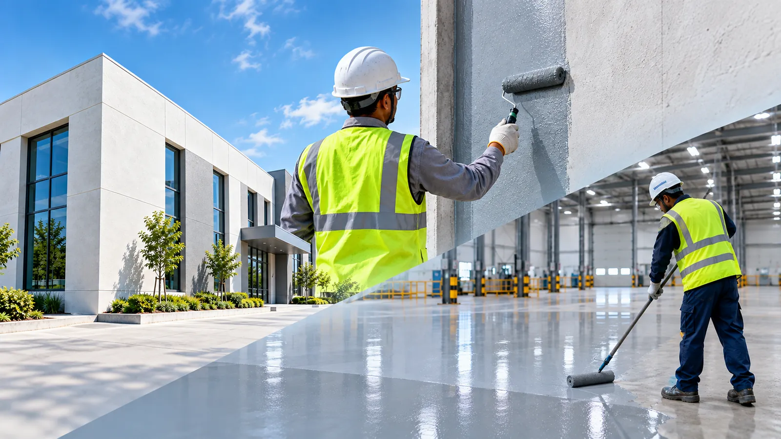 Worker applying protective coating to exposed concrete building surface