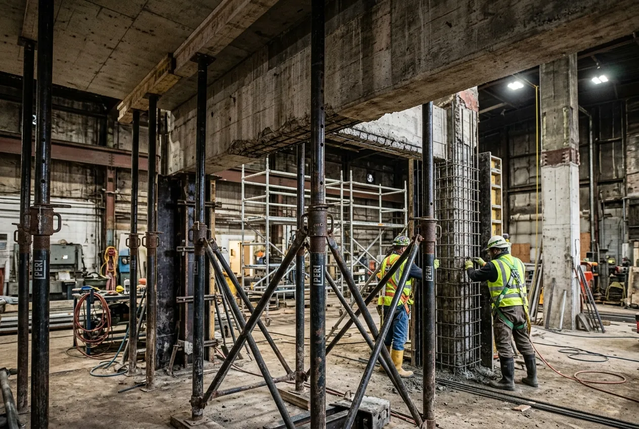 Heavy-duty steel shoring props and jack towers supporting a concrete beam and slab on site