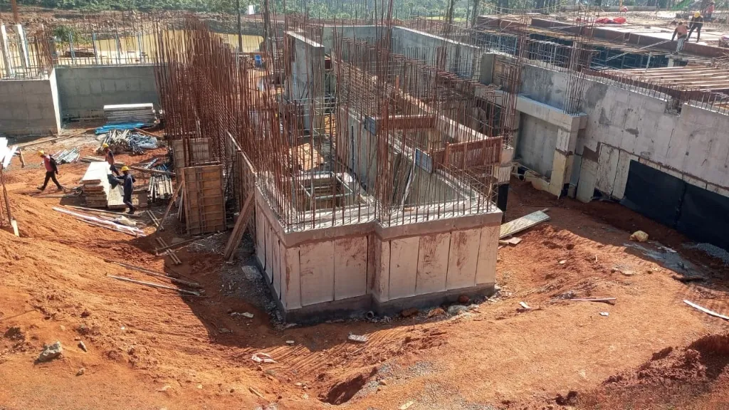 Completed RCC basement walls and column reinforcement before waterproofing