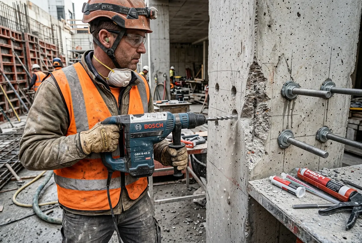 Worker drilling anchor holes and installing chemical epoxy rebar dowels on a concrete column