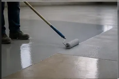 Worker rolling penetrating epoxy primer onto concrete floor