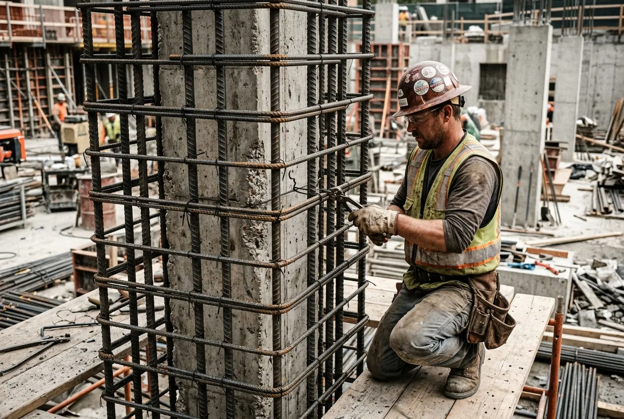 Ironworker assembling and tying a dense steel reinforcement cage around a concrete column