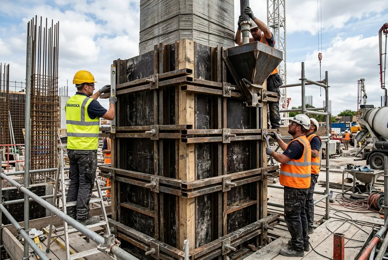 Watertight formwork shuttering with top funnel hopper erected around a reinforced column