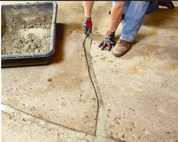 Worker troweling polymer-modified repair mortar into the concrete crack channel